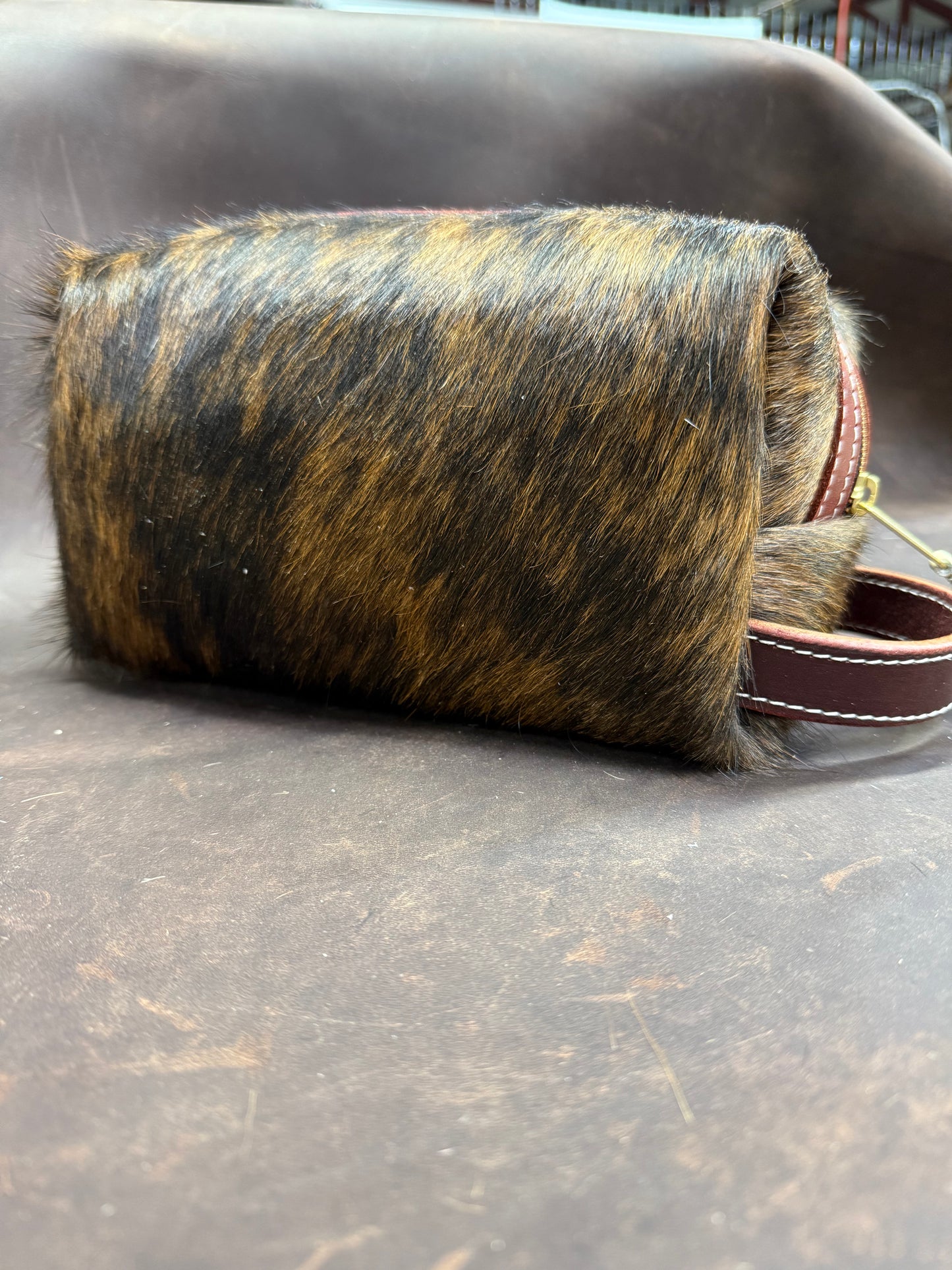 Brindle hair on hide bag