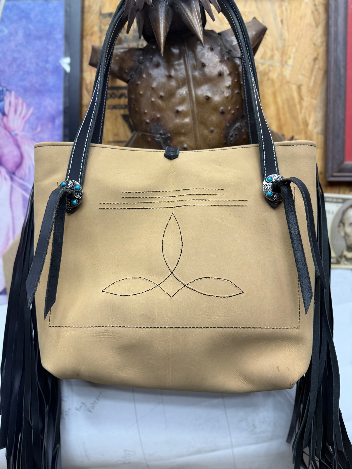 Tan and black tote