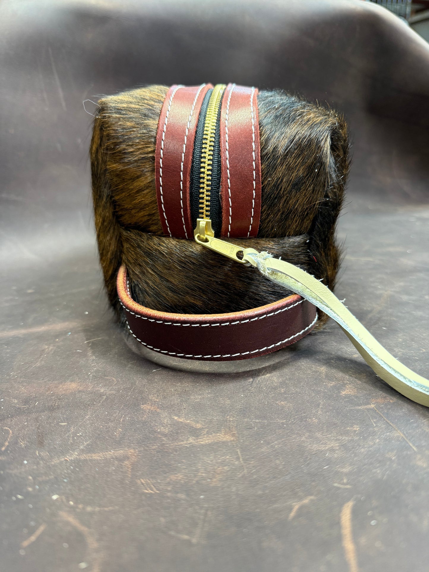 Brindle hair on hide bag