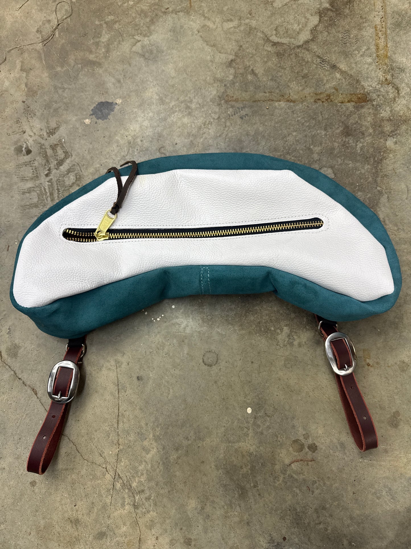 Large white with turquoise side cantle bag