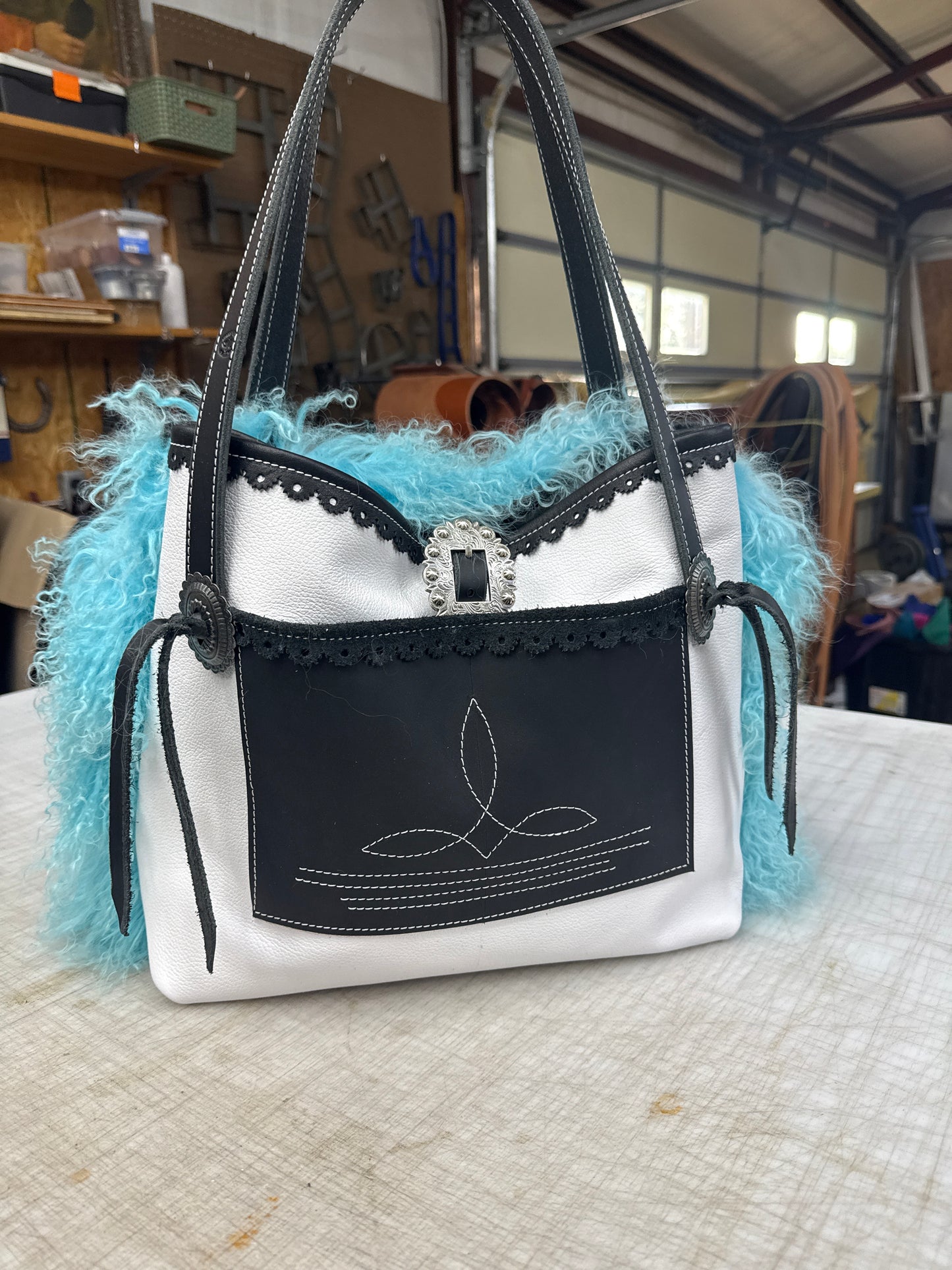 White & Turquoise Woolie Tote
