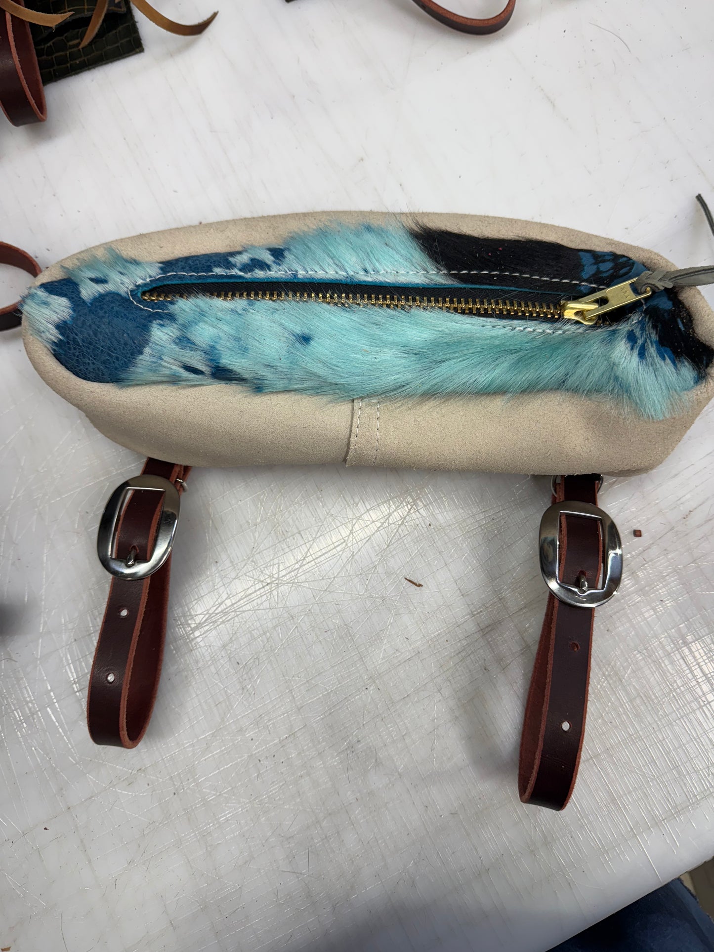 Blue hair on hide small cantle bag