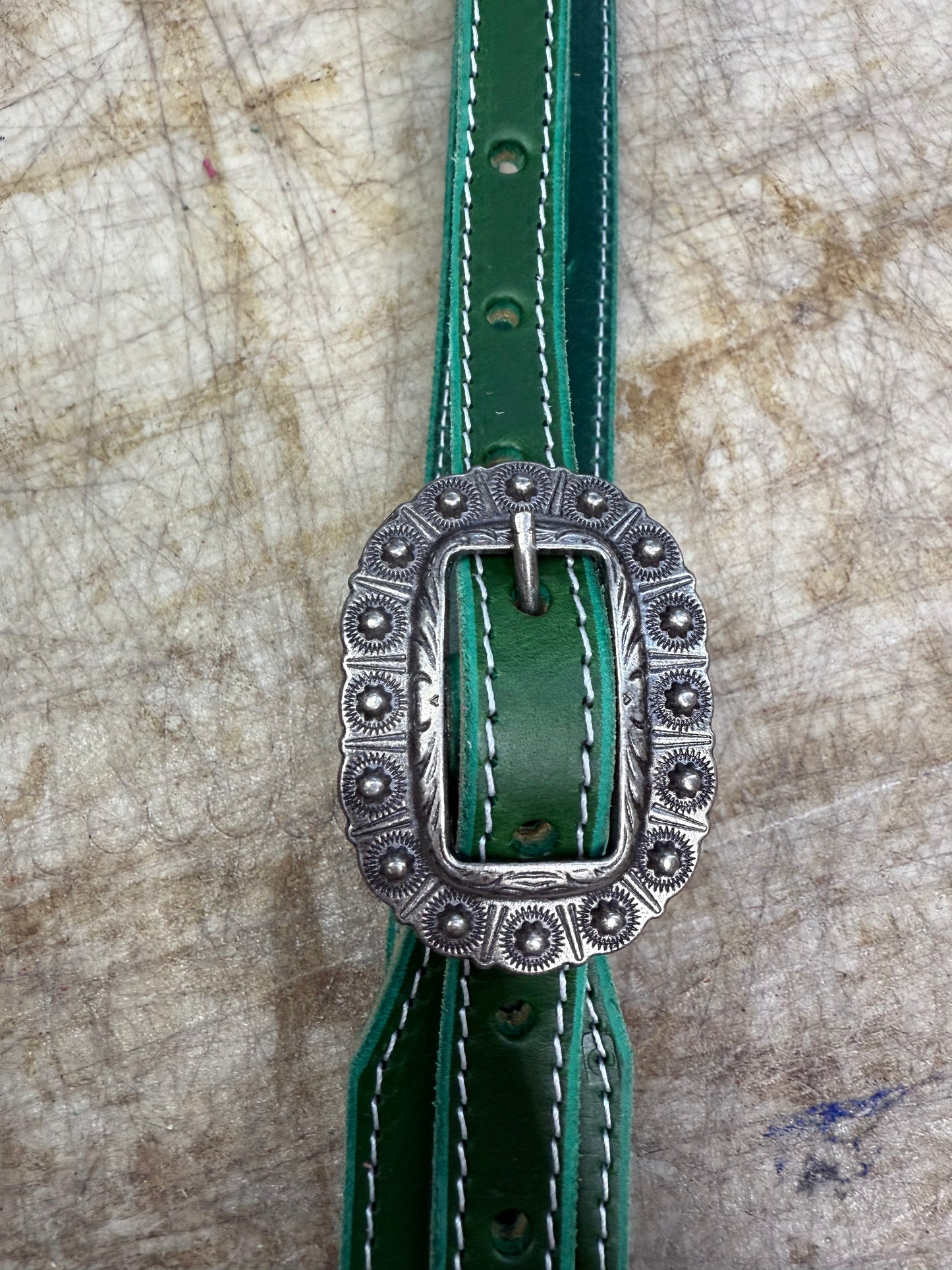 Green headstall with silver dot buckle