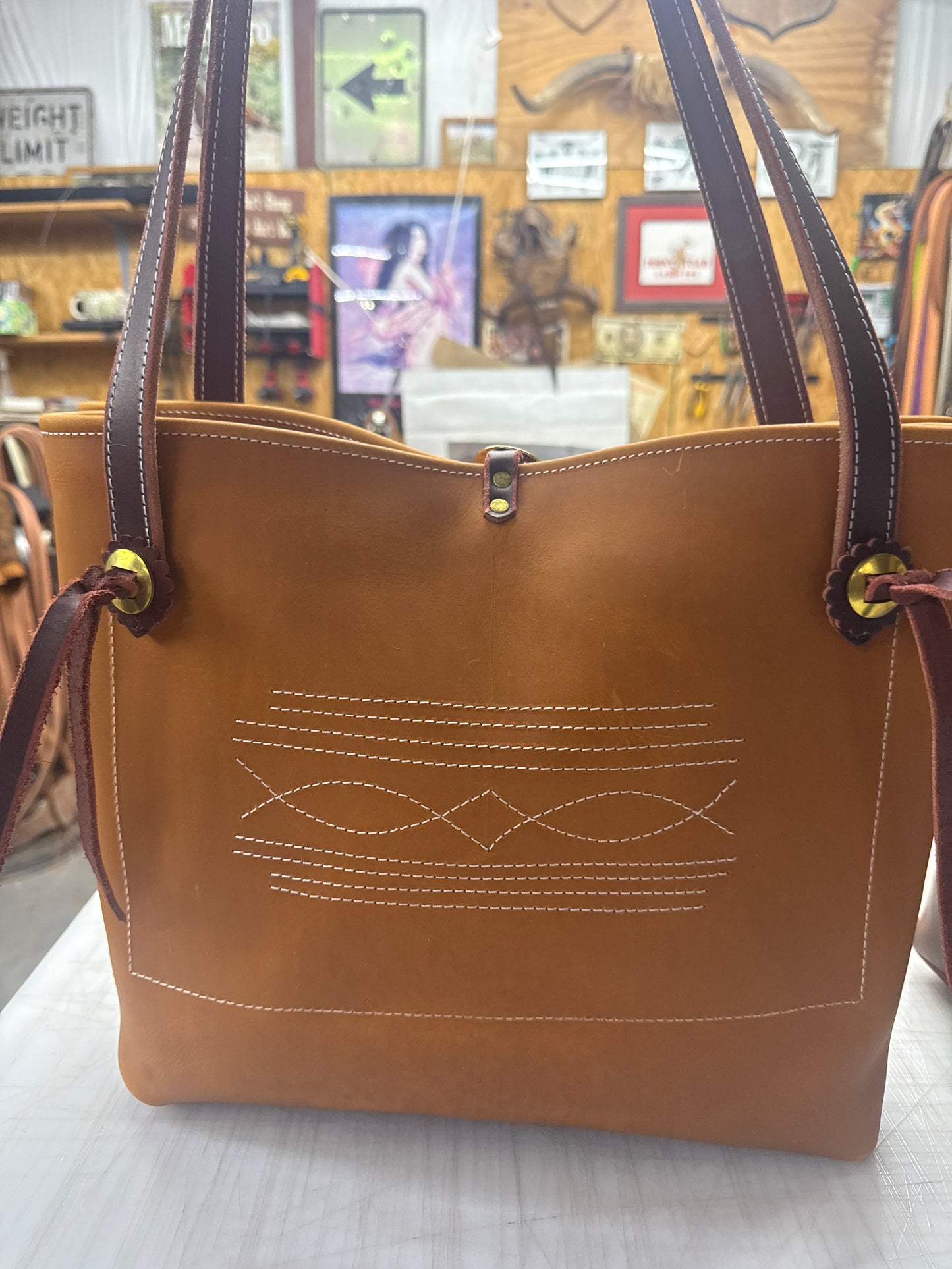 Tan tote brass hardware