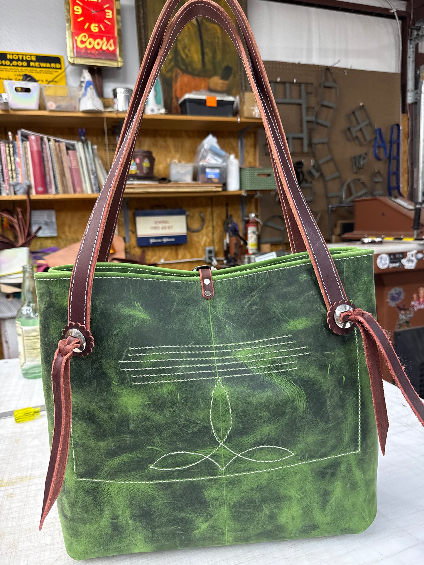 Green pull up tote stainless hardware
