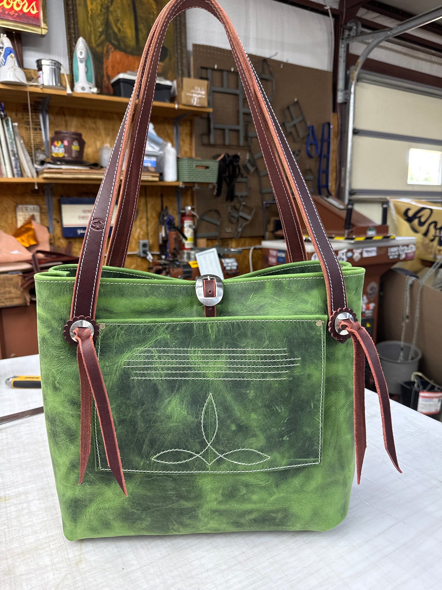 Green pull up tote stainless hardware
