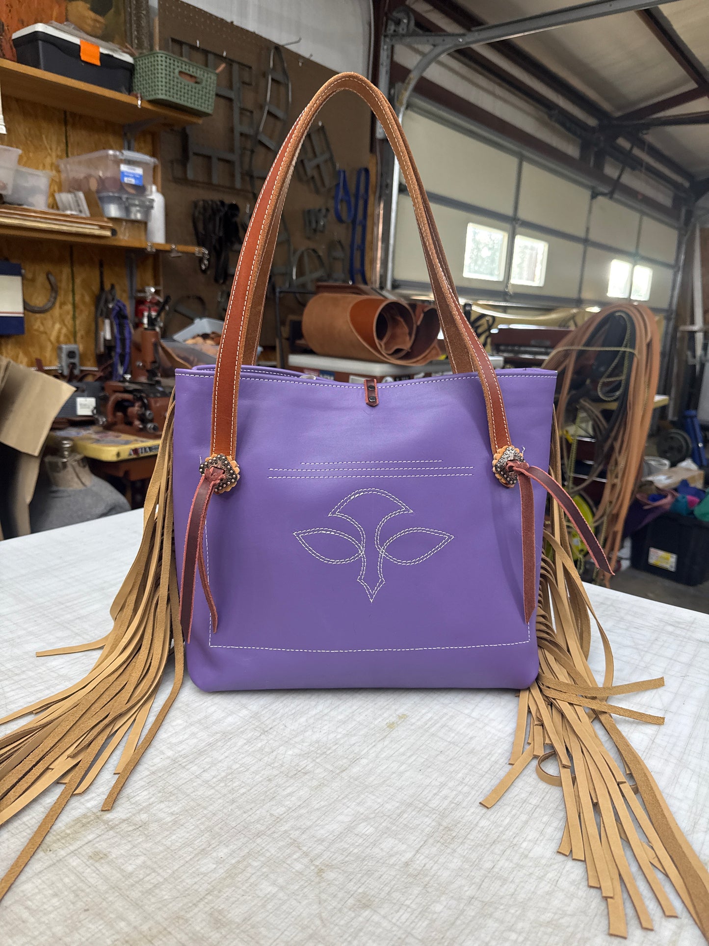 Purple tote with fringe