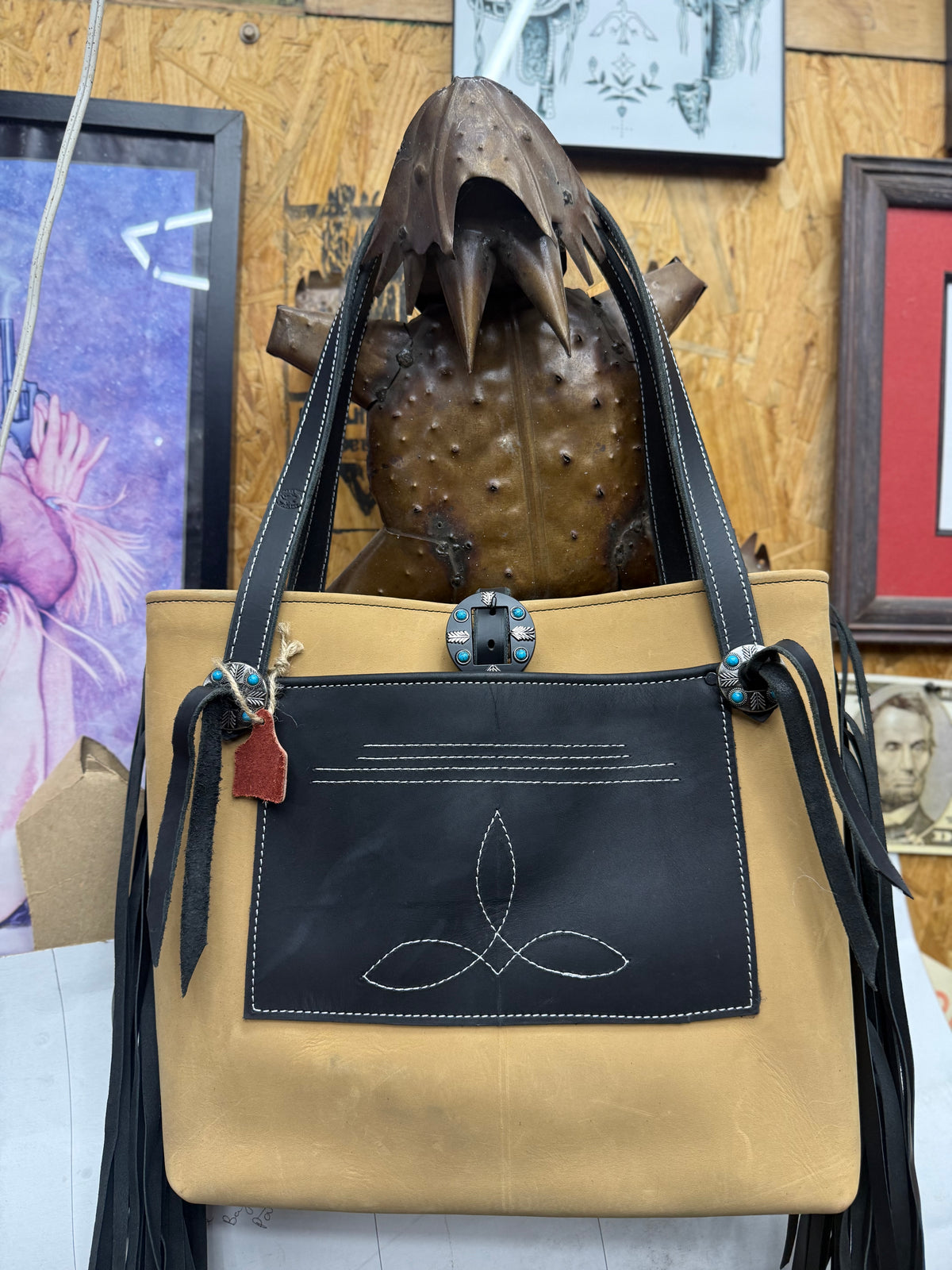 Tan and black tote
