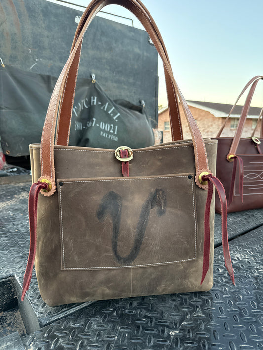 Brown pull up bag with brand